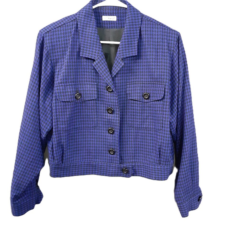 Vintage Ann May 100% Woven Silk Black/Blue Blazer Jacket Lined Size 10, Button